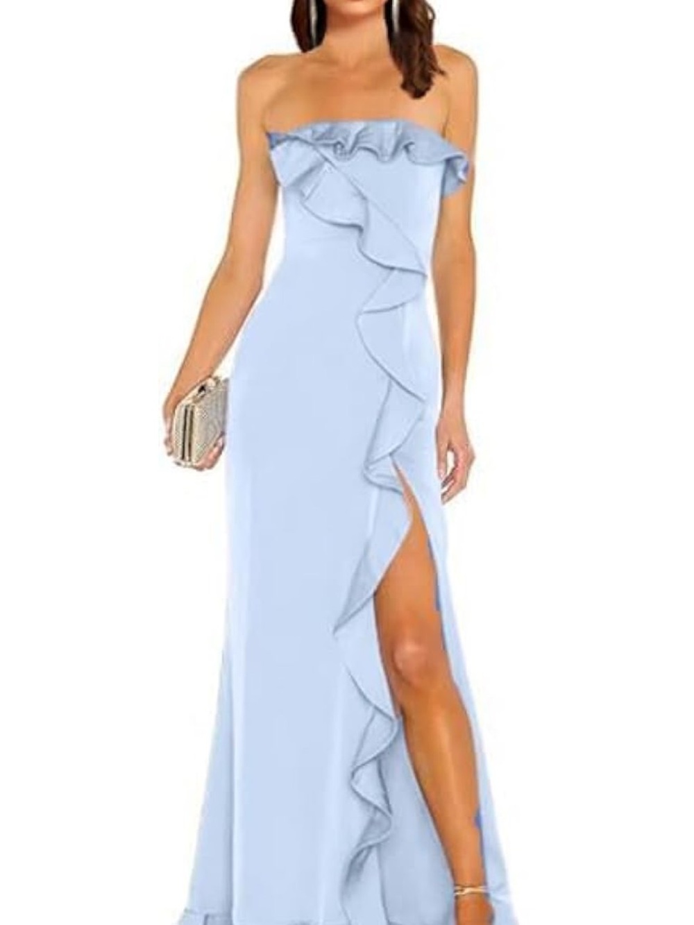 Strapless Ruffle Column Dress in Light Blue